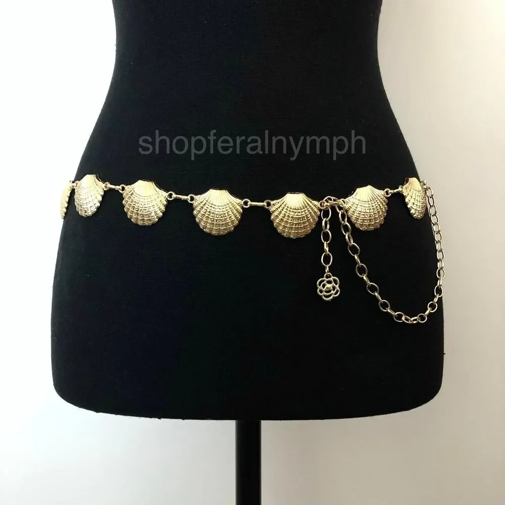 Vintage Y2K Mermaidcore Gold Seashell Chain Belt, Fits 23.5–43 Inches, X7GA1148
